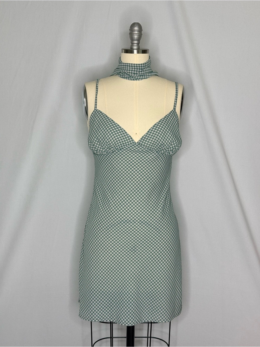Enduring Kairos Gingham Mini Dress Green White Convertible Tie NWT